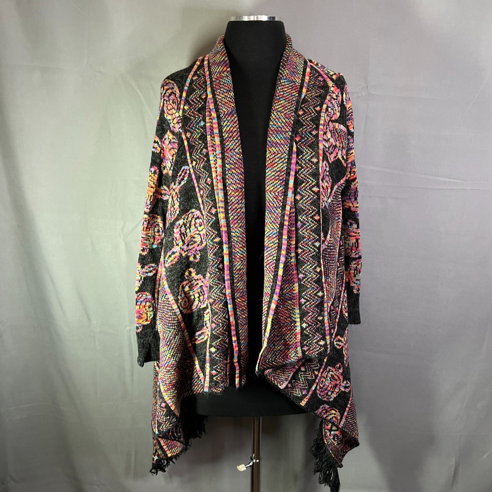 Ijoah Cardigan Sweater Women Medium Multicolor Aztec Knit Fringed Hem Open Front